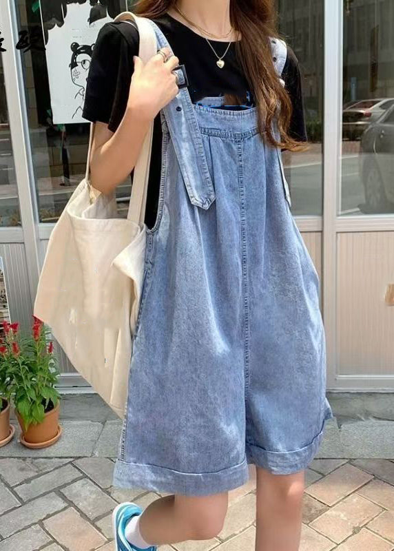 Modern Blue Slash Neck Pockets Patchwork Denim Jumpsuit Sleeveless