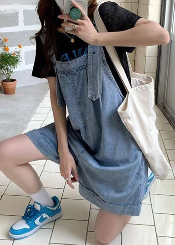 Modern Blue Slash Neck Pockets Patchwork Denim Jumpsuit Sleeveless