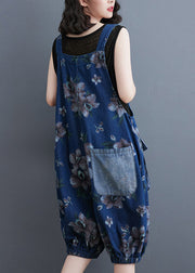 Modern Blue Slash Neck Print Patchwork Button Jumpsuits Summer