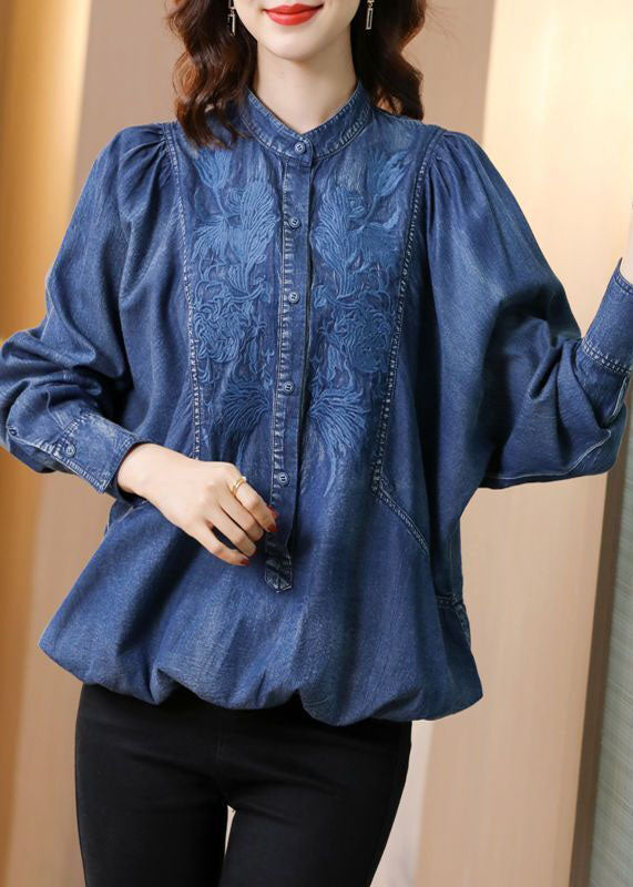 Modern Blue Stand Collar Embroideried Cotton Denim Coats Batwing Sleeve