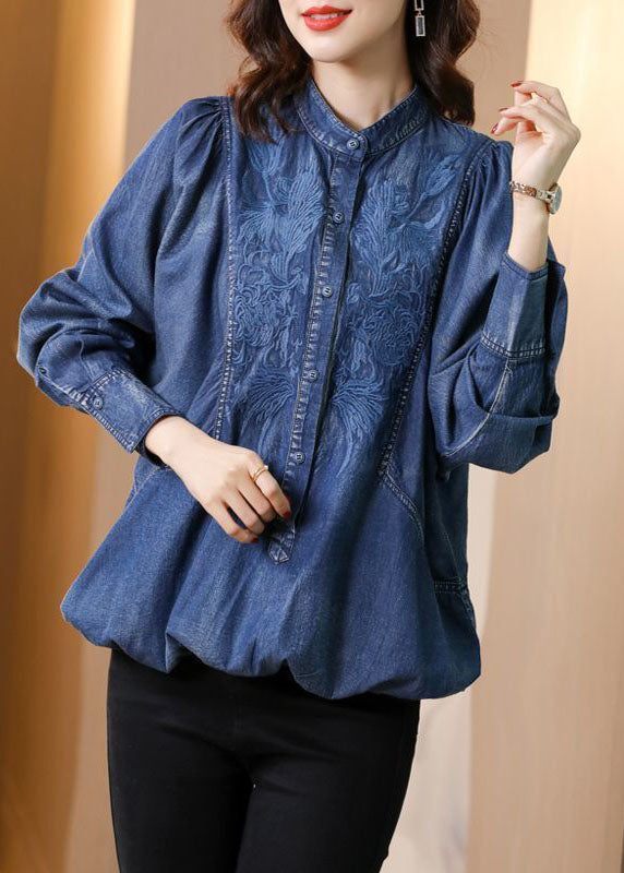 Modern Blue Stand Collar Embroideried Cotton Denim Coats Batwing Sleeve