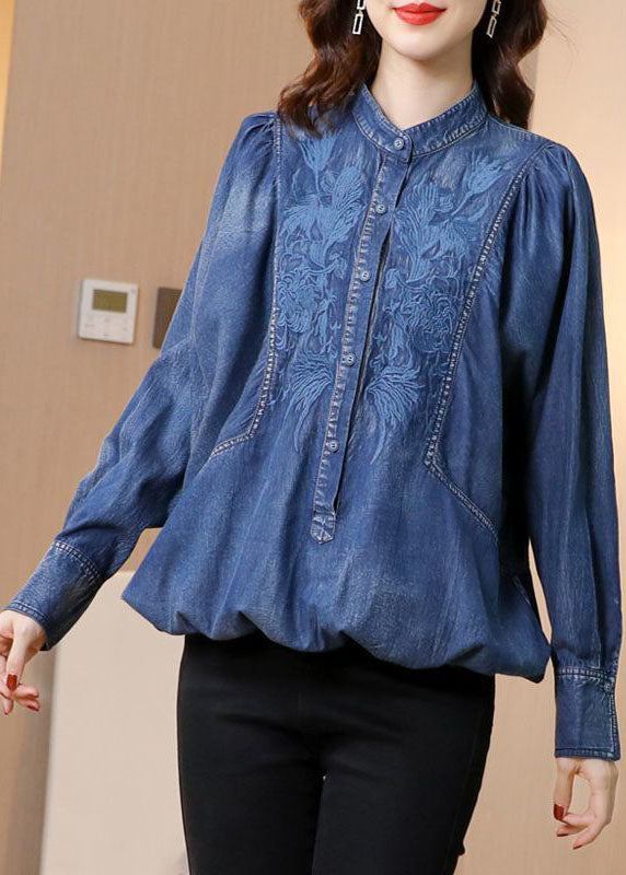 Modern Blue Stand Collar Embroideried Cotton Denim Coats Batwing Sleeve