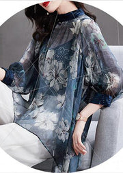 Modern Blue Stand Collar Print Asymmetrical Silk Shirt Long Sleeve