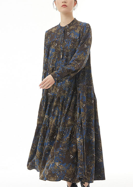 Modern Blue Stand Collar Print Wrinkled Patchwork Cotton Dresses Spring