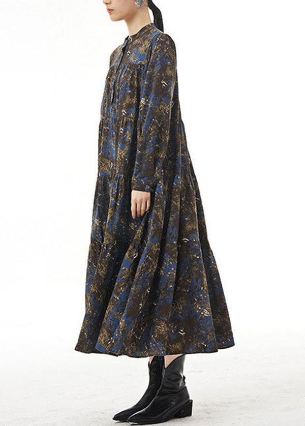 Modern Blue Stand Collar Print Wrinkled Patchwork Cotton Dresses Spring