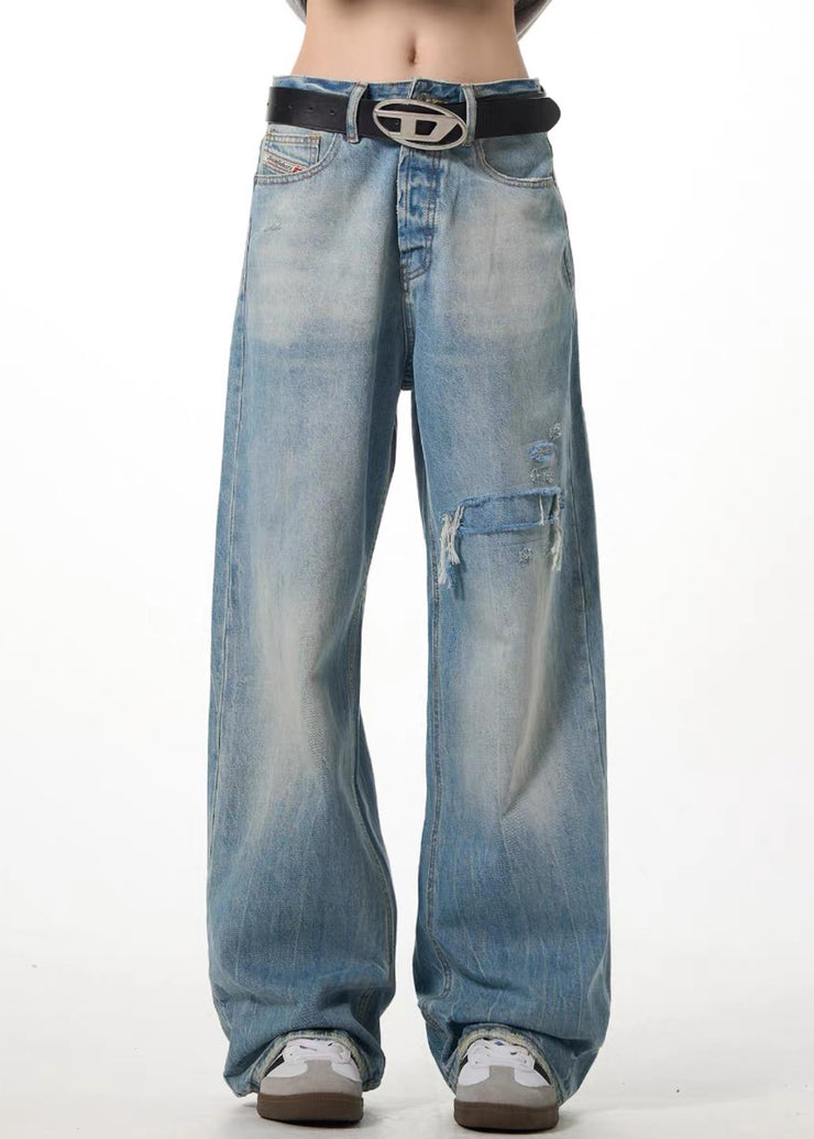 Modern Blue Tasseled Patch High Waist Denim Mens Pants Fall