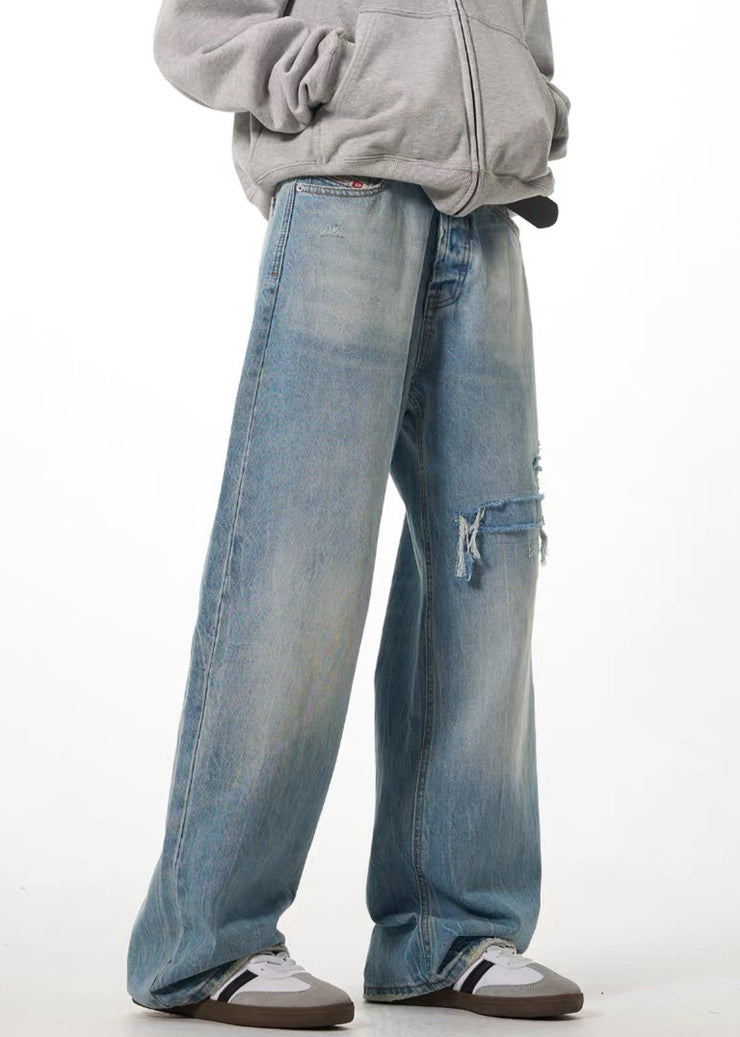 Modern Blue Tasseled Patch High Waist Denim Mens Pants Fall