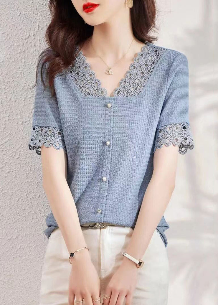 Modern Blue V Neck Hollow Out Lace Patchwork Shirt Summer