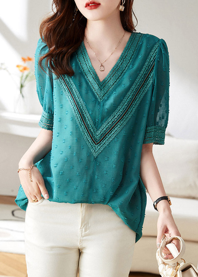 Modern Blue V Neck Patchwork Chiffon T Shirt Short Sleeve