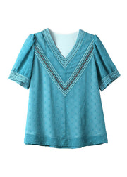 Modern Blue V Neck Patchwork Chiffon T Shirt Short Sleeve