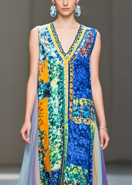 Modern Blue V Neck Patchwork Print Chiffon Robe Dresses Sleeveless