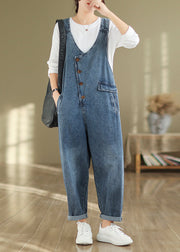 Modern Blue V Neck Pockets High Waist Denim Jumpsuit Fall