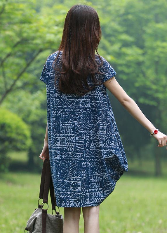 Modern Blue V Neck Print Patchwork Linen Mid Dresses Summer