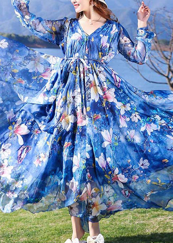 Modern Blue V Neck Print Tie Waist Chiffon Holiday Long Dress Long Sleeve