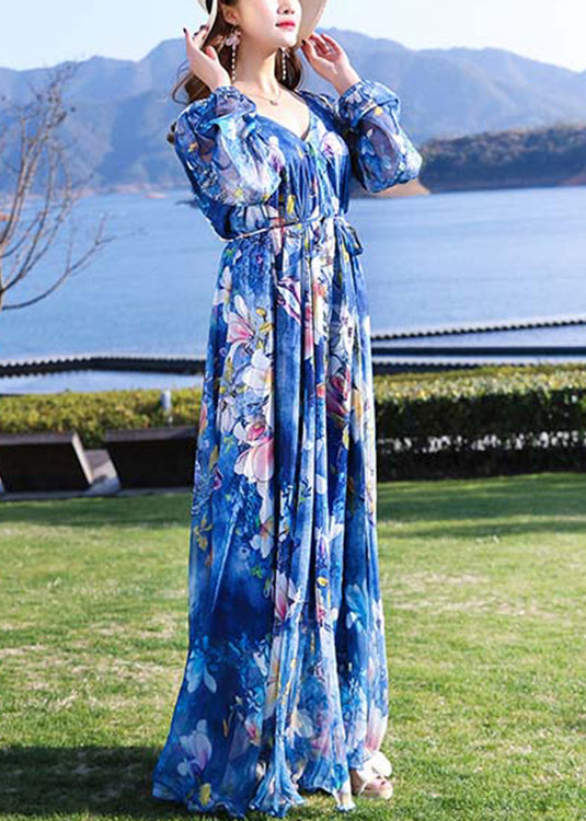 Modern Blue V Neck Print Tie Waist Chiffon Holiday Long Dress Long Sleeve