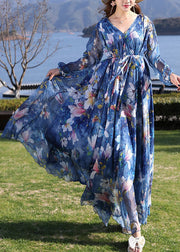 Modern Blue V Neck Print Tie Waist Chiffon Holiday Long Dress Long Sleeve