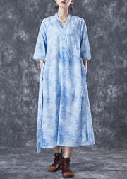 Modern Blue V Neck Tie Dye Linen Cinched Dress Half Sleeve