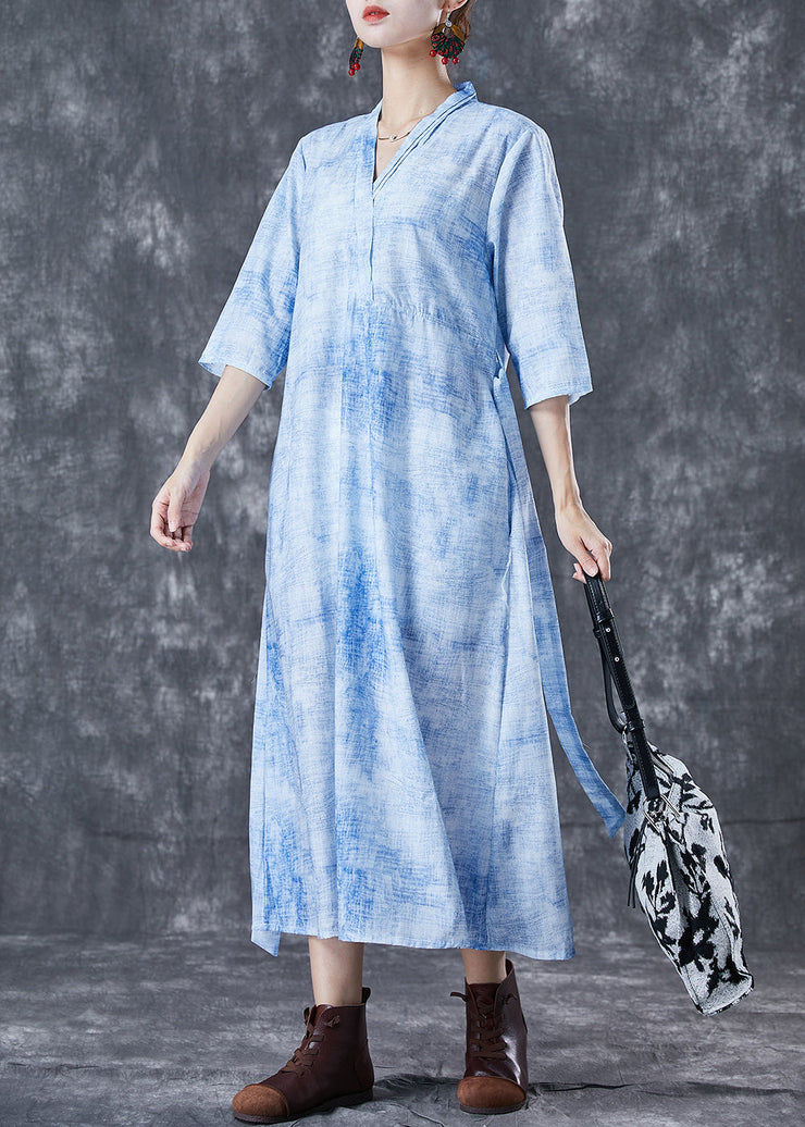 Modern Blue V Neck Tie Dye Linen Cinched Dress Half Sleeve