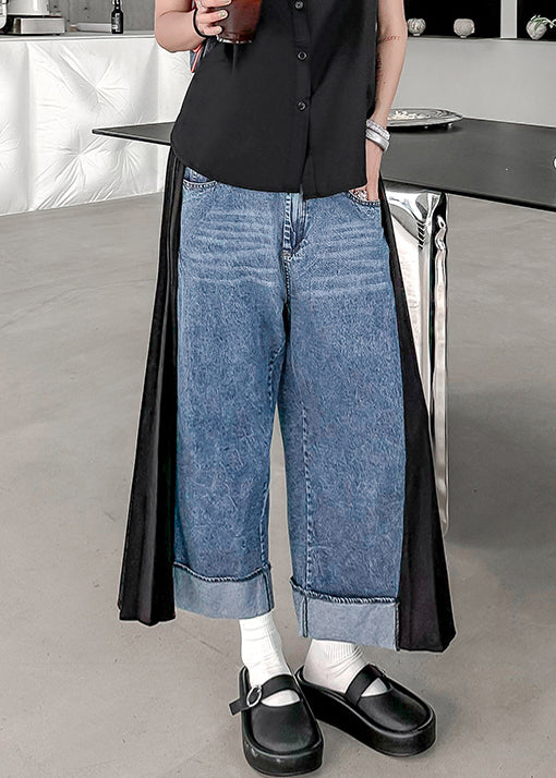 Modern Blue Wrinkled Elastic Waist Patchwork Denim Crop Pants Fall