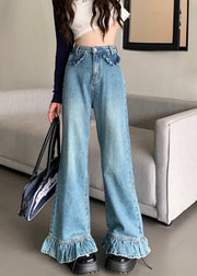 Modern Blue Wrinkled High Waist Denim Wide Leg Pants Spring