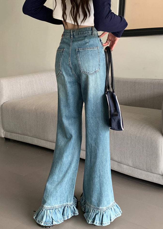 Modern Blue Wrinkled High Waist Denim Wide Leg Pants Spring