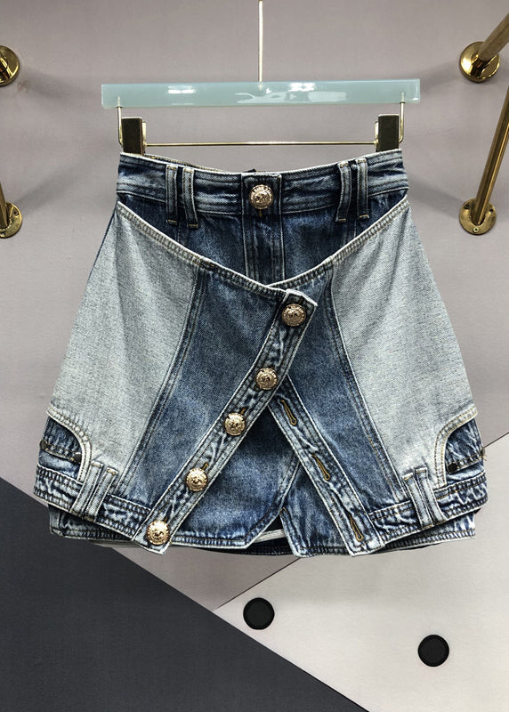 Modern Blue Zip Up Pockets Patchwork Denim Skirts Summer