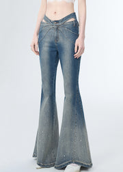 Modern Blue Zircon Hollow Out Denim Flared Trousers Spring