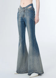 Modern Blue Zircon Hollow Out Denim Flared Trousers Spring