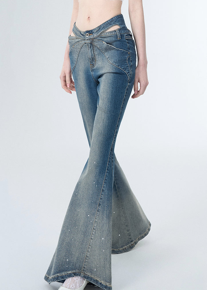 Modern Blue Zircon Hollow Out Denim Flared Trousers Spring