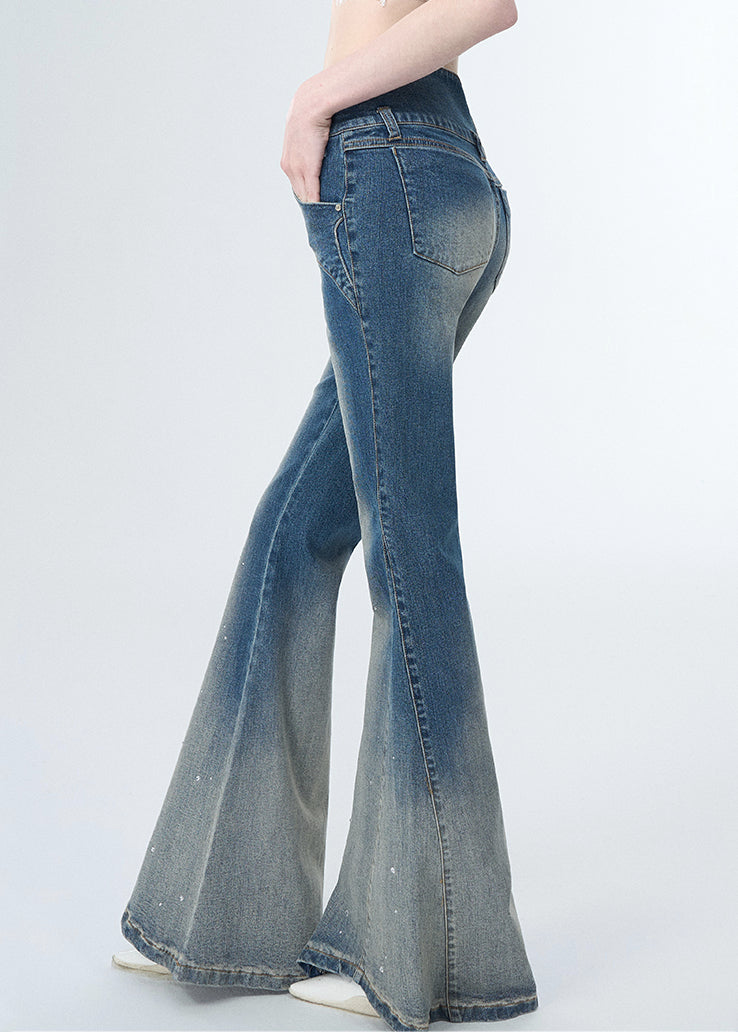 Modern Blue Zircon Hollow Out Denim Flared Trousers Spring