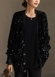 Modern Boutique Black V Neck Pockets Sequins Short Coat Spring