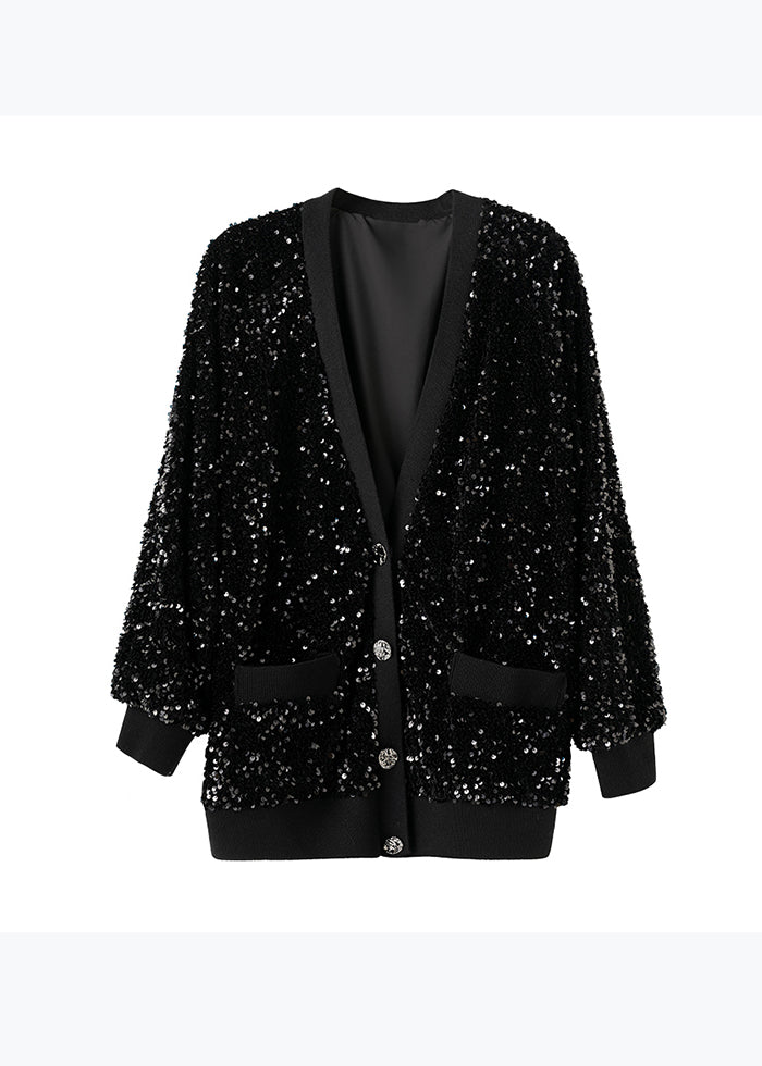 Modern Boutique Black V Neck Pockets Sequins Short Coat Spring