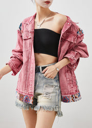 Modern Brick Red Oversized Patchwork Denim Jacket Fall