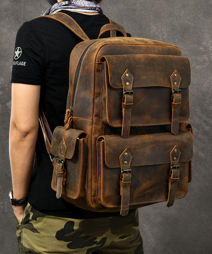 Modern Brown Calf Leather Pockets Solid Color Backpack Bag