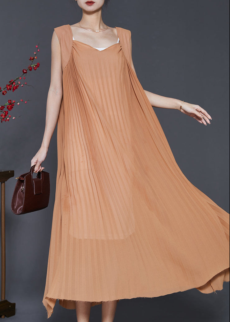 Modern Brown Exra Large Hem Cotton Pleated Dresses Sleeveless