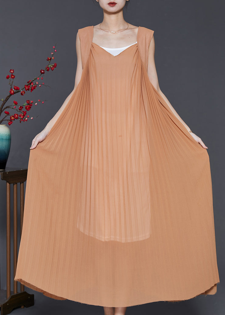 Modern Brown Exra Large Hem Cotton Pleated Dresses Sleeveless