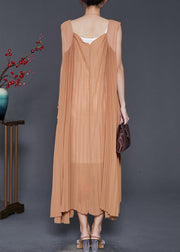 Modern Brown Exra Large Hem Cotton Pleated Dresses Sleeveless