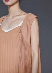 Modern Brown Exra Large Hem Cotton Pleated Dresses Sleeveless