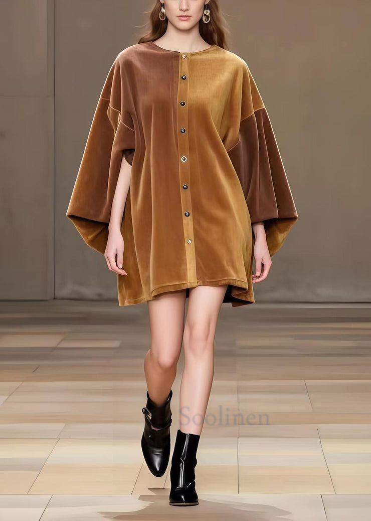 Modern Brown Oversized Corduroy Minin Dress Lantern Sleeve