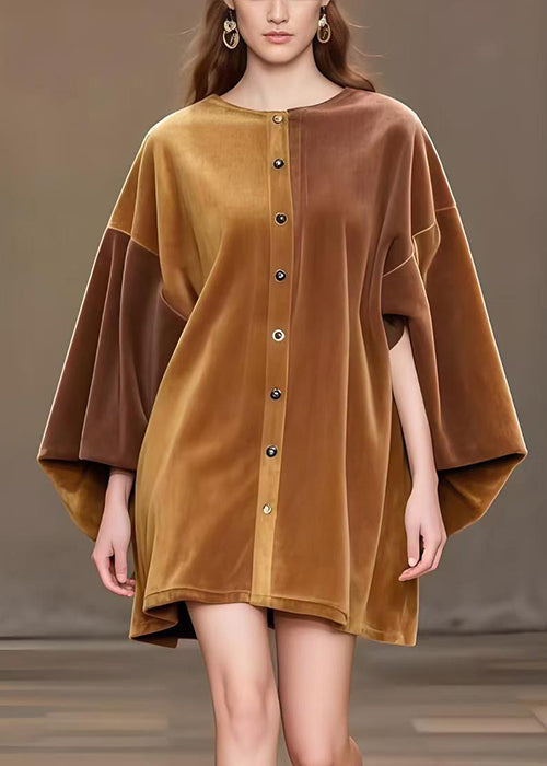 Modern Brown Oversized Corduroy Minin Dress Lantern Sleeve