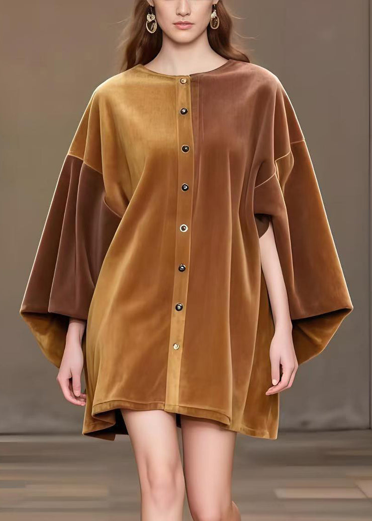 Modern Brown Oversized Corduroy Minin Dress Lantern Sleeve