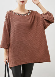 Modern Brown Oversized Nail Bead Knit Top Spring