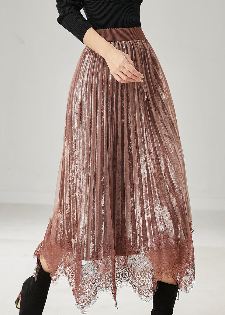 Modern Brown Patchwork Lace Silk Velvet Pleated Skirts Spring