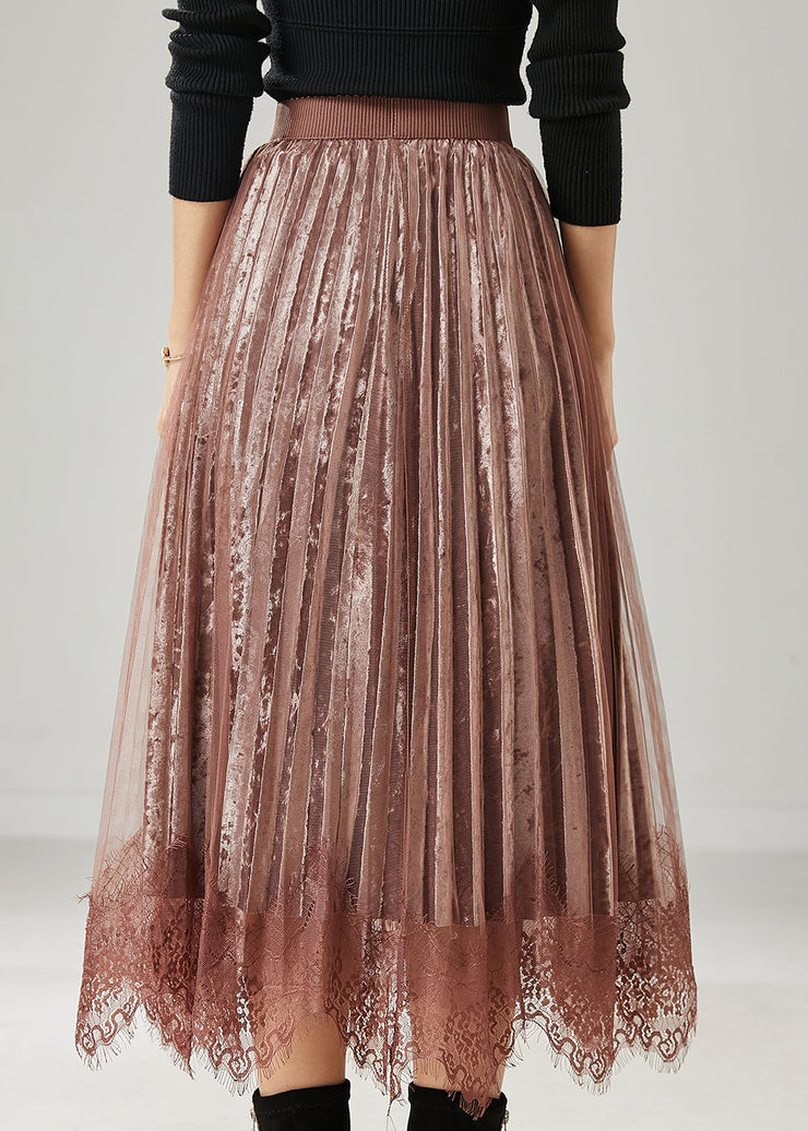 Modern Brown Patchwork Lace Silk Velvet Pleated Skirts Spring