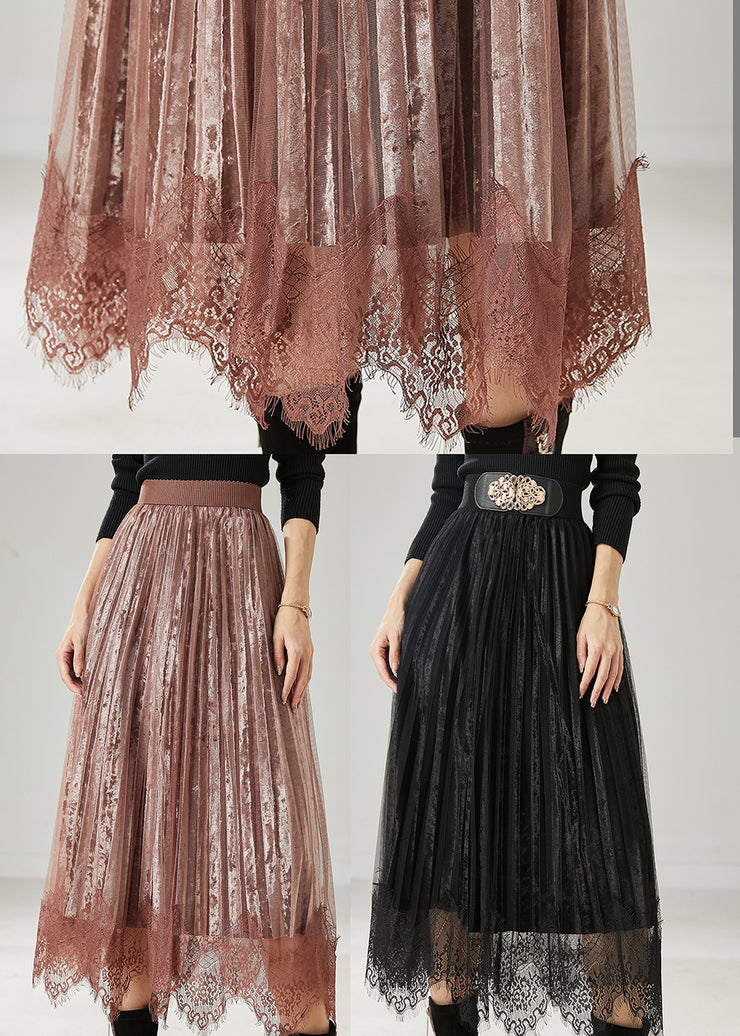 Modern Brown Patchwork Lace Silk Velvet Pleated Skirts Spring