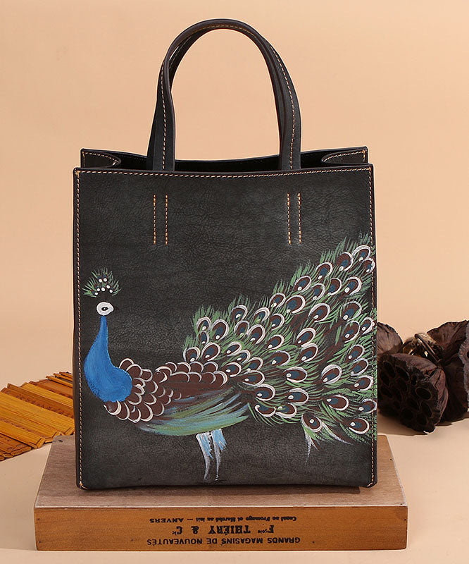 Modern Brown Peacock Print Calf Leather Tote Handbag