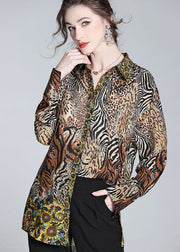 Modern Brown Peter Pan Collar Leopard Print Silk Top Spring