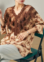 Modern Brown Peter Pan Collar Tie Dye Chiffon Shirts Spring