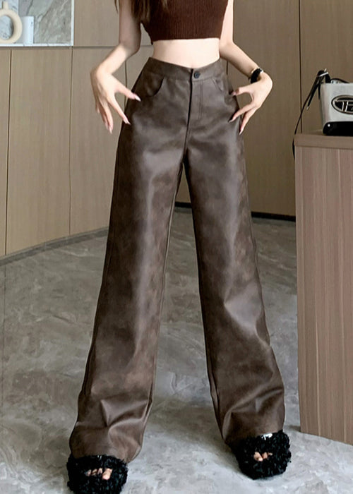 Modern Brown Pockets High Waist Faux Leather Pants Fall