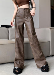 Modern Brown Pockets High Waist Faux Leather Pants Fall